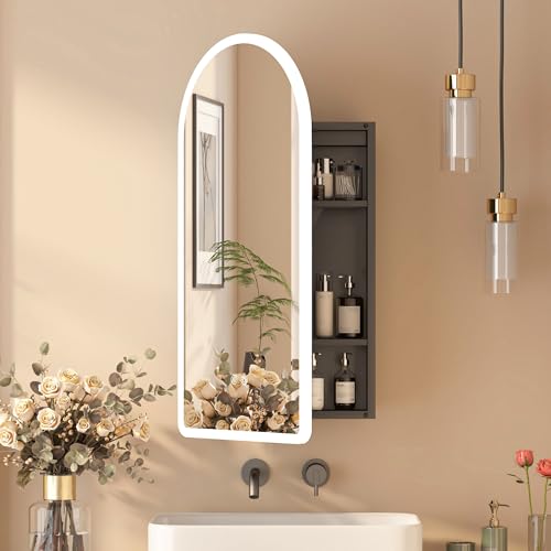 Mepplzian Black Arched Medicine Cabinet With Mirror, Recessed Lighted Medicine Cabinet For Bathroom, Led Bathroom Vanity Mirror with Storage,3-Color Lighted Mirrored Cabinet Wall Mounted With Defogger