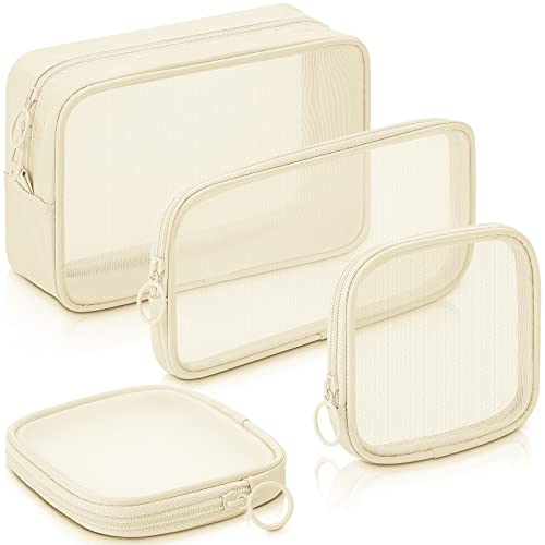 Image of Weewooday 4 Pcs Mesh Makeup Bag Mesh Cosmetic Bag Travel Toiletry Pouch with Zipper Mini Makeup Cosmetic Purse for Daily Accessory(Small, Large, Medium,Beige)