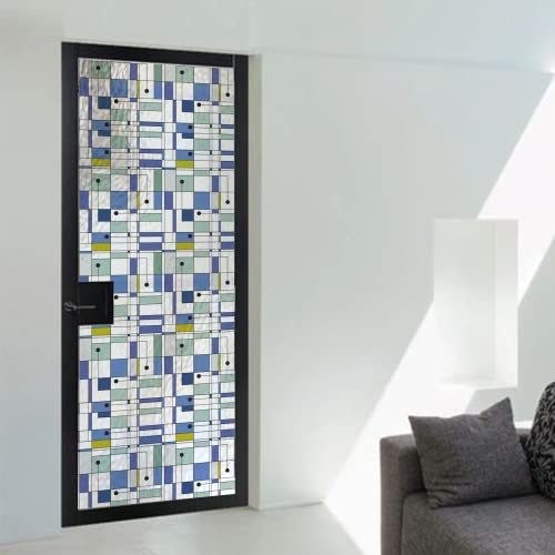 Funlife DOUBLE-SIDED FILM-108 Modern Mondrian Cool Tone Blue Stained Glass Window Film, Removable Transparent Double Sided Vintage Geometric Window Clings thumb #4