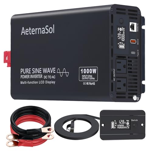 AeternaSol Pure Sine Wave Inverter 1000 Watt Inverter DC 12V to AC 110V-120V Power Inverter for RV Truck Camping Solar Home Backup with 2 AC Outlets USB Fast Charge&Type-C Remote Monitor Surge 2000W