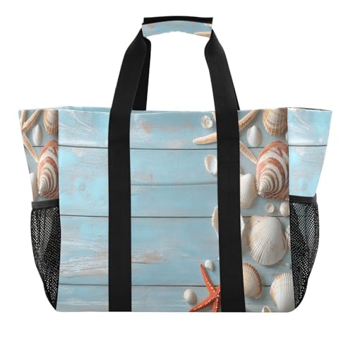 Large Waterproof Travel Tote Bag for Women Men, Wooden Seashells Starfish Summer Canvas Beach Bag with Lining & Pockets - Reusable Grocery/Laundry/Kitchen/Pool/Picnic Tote (15.4x9.8x12.8in)