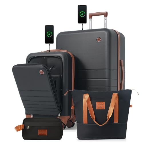 Image of 4-Piece Luggage Set, Suitcase with TSA Lock Travel Duffel Bag Wet-Dry Toiletry Bag, Black Front-Opening