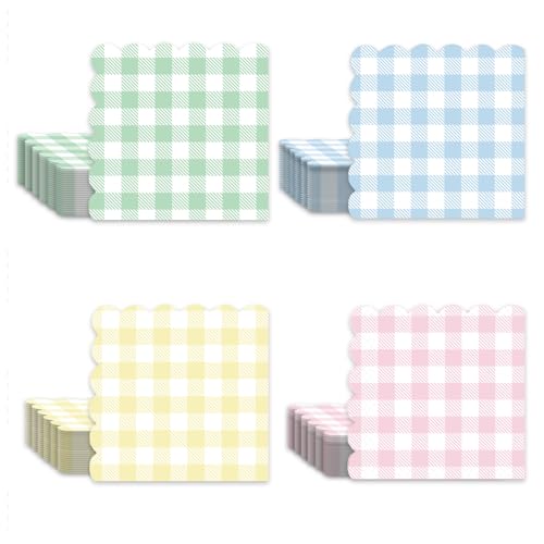 100Pcs Multicolor Scalloped Gingham Napkins 6.5x6.5 Inch Disposable Paper Cocktail Napkins for Birthday Wedding Summer Pastel Mothers day Party Decor (25 * 4 Colors)