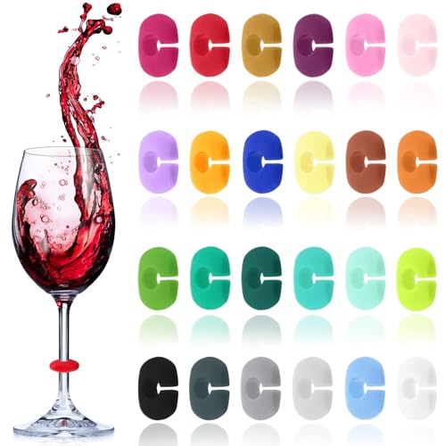 JEYORZY 24 Pezzi Segna Bicchieri Calici, Identificatore Del Bicchiere di Vino, Segnabicchieri in Silicone per Feste, per Bicchiere da Champagne, Bicchiere da Cocktail, Marcatori di Bevande