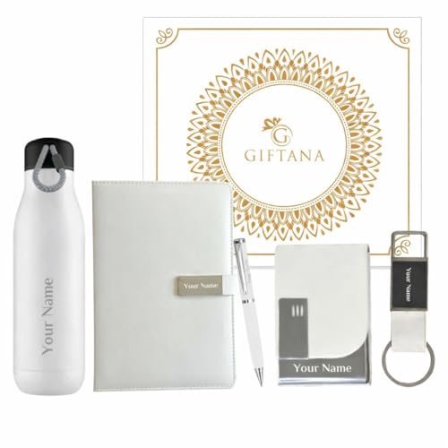 Image of Giftana Personalised Pen, Diary, Bottle 500ml, Card Holder, Keychain with Name, 5 in 1 Customized Name Birthday Gift Set for Doctors and Husband, Customised Corporate Gift for Employee - White
