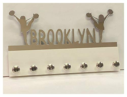 MIRROR MANIA Custom Personalized Name Medal Holder, Cheerleader Cheer Display Awards Hanger Rack with Hooks for 60+ Medals, Ribbons, Sports 16'' Wide, One of A Kind Made to Order with Your Name On It