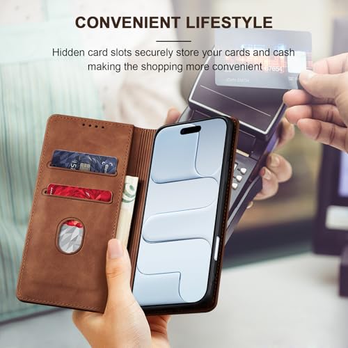 Image of Jasonyu Flip Wallet Case for iPhone 17 Air,Leather Magnetic Folio Cover with Card Holder,Kickstand - TPU Shockproof Durable Protective Phone Case,Brown