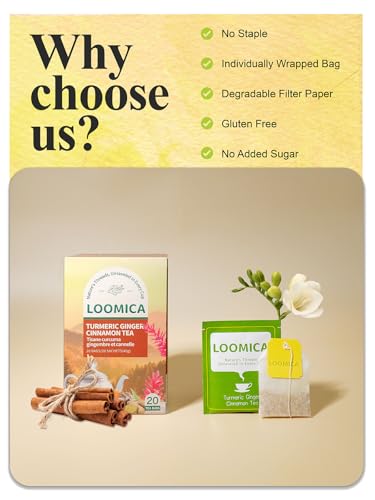 Image of LOOMICA Turmeric Ginger Cinnamon Tea, Naturally Caffeine-Free, Warm & Spicy Herbal Blend, Rich & Aromatic, Perfect for Cozy Mornings & Relaxing Evenings, 20 Counts