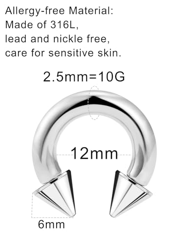 Ftovosyo PA Ring Internally Threaded Spike Circular Barbells Horseshoe Large Septum Ring Ear Gauges Earrings 2G 4G 6G 8G 10G 12mm/16mm 316L Surgical Steel Pierced Body Jewelry for Women Men2