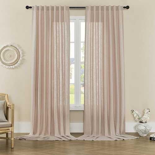 Image of Joydeco Linen Curtains for Living Room,Light Filtering Rod Pocket Back Tab Semi Sheer Drapes Window Long Curtains 120 inches Long Sheer Bliss