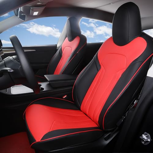 FEINEPRO Custom Seat Covers for Tesla Model Y 2020 2021 2022 2023 2024 Full Set Faux Leather Accessories - Airbag Compatible - Black Red