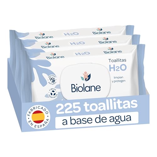 Biolane - Toallitas de agua H2O Bebé, 225 Toallitas (3 Paquetes de 75 Unidades), 99% Ingredientes Naturales, Fibras 100% Vegetales, Bebés y recién nacidos, Piel Sensible, Fabricadas en España