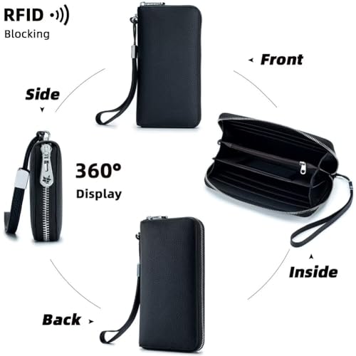 Wallets for Women RFID Blocking Leather Card Case Elegant Clutch Purse Travel Phone Wallet with Removable Wrist Strap, Light Blue, One Size2