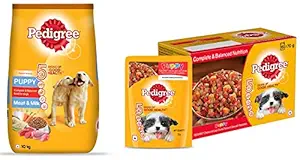 Pedigree Puppy Dry Dog Food, Meat & Milk, 10kg & Pedigree Puppy Wet Dog Food, Chicken and Liver Chunks Flavour in Gravy with Vegetables, 15 Pouches (15x70g)