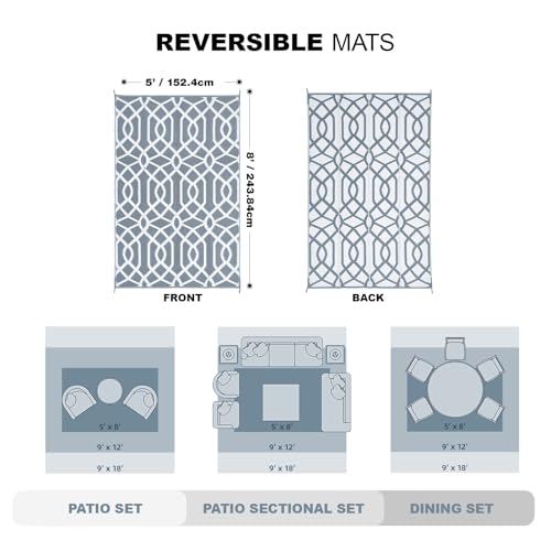 wikiwiki Outdoor Rug, 5x8ft Waterproof Reversible Mat Indoor Outdoor Rugs Carpet, Small Area Rug Plastic Straw Rug for Patio Deck Balcony Pool RV Camping Beach Picnic, Grey, Rugscape Series