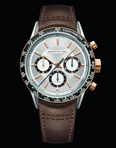 RAYMOND WEIL Freelancer Men's Automatic Watch, Chronograph, Black Ceramic Bezel, Silver Dial, Stainless Steel with Rose Gold PVD Plating, Genuine Brown Leather Strap, 43.5mm(Model:7741-S51-65021)2