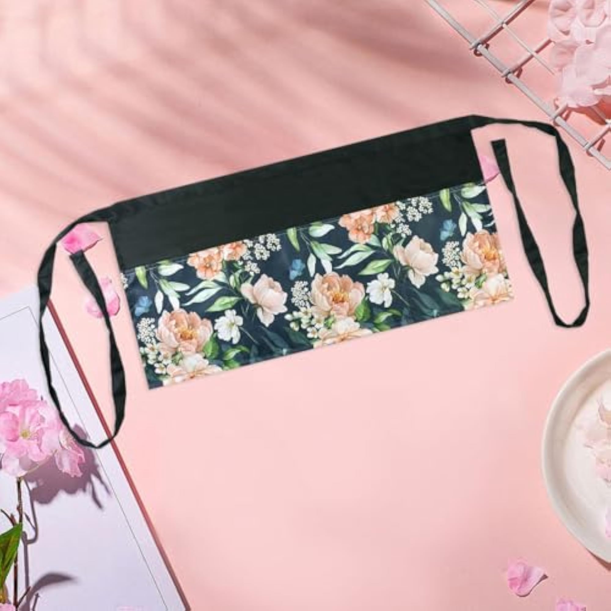 Women's Coffee Shop Peony Print Serving Apron with 3 Pockets