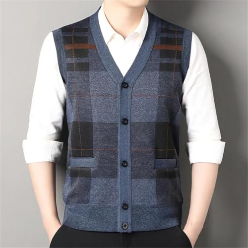 Men's Autumn V-Neck Sleeveless Knit Vest Warm Fleece Checkered Button Cardigan Casual Business Sweater2