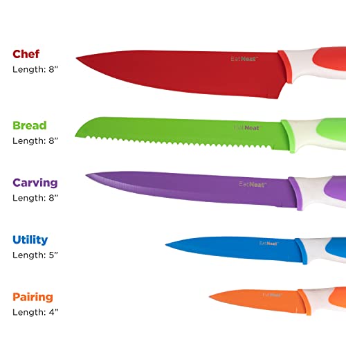 Eatneat 12 Pc Colorful Kitchen Knife Set - Camper Must Haves 5 Stainless Steel Knives With Safety Sheaths, Cutting Board & Sharpener, Razor Sharp Cutting Tools Rv Accessories For Inside #TOP1