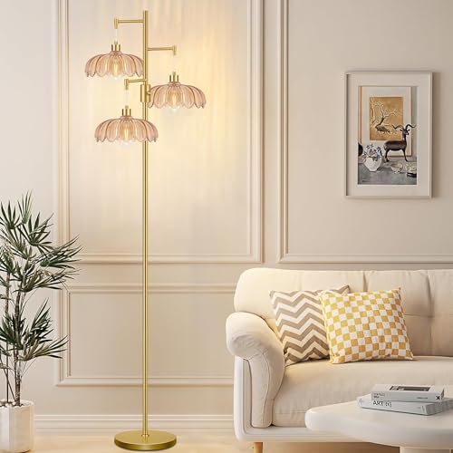 Image of Gold Floor Lamps for Living Room Bedroom-3 Light Glass Floor Lamp with Three Led Bulb, Flower Tall Floor Lamp Dimmable Mid Century Modern Standing Lamp Vintage Tree Floor Lamps for Bedroom Corner