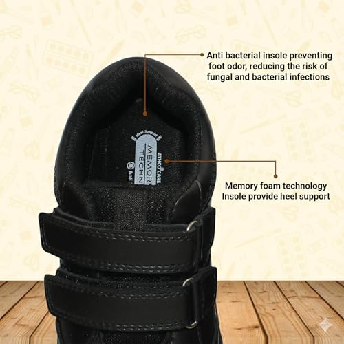 Image of ATHCO Unisex-Child Care-V2-Velcroo School Shoes | Soft Cushioned Memory Foam Heel Pad Support | Kid's | Boy's | Girl's | Children |Uniform Shoes | Lightweight | Velcroo |Easy Wear & Care| Formal Shoes | Padded Textured Heel Grip Lining | Breathable | All Day Comfort