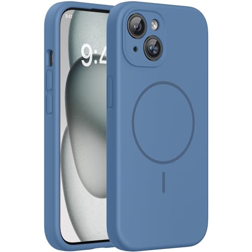 Image of Miracase Magnetic for iPhone 15 Plus Case, [Soft Anti-Scratch Microfiber Lining], Compatible with MagSafe, Liquid Silicone Shockproof Drop Protection Phone Case for 15 Plus, Glass Blue