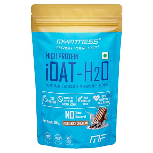 Image of Myfitness High Protein iOat H2O | Added Micellar Casein Protein | Instant Ready To Mix Beta Glucan Rich Flavoured Oats Powder | High Protein Oats Breakfast Cereals (500g (Pack Of 1), Double Rich Chocolate)