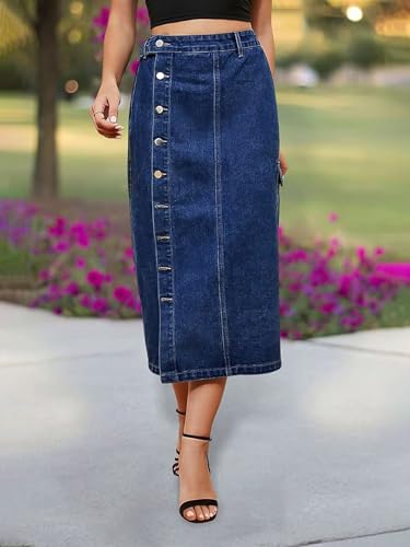Flamingals Women's Casual Midi Denim Skirt Mid Waist Button Fly Split Summer Jean Skirt4