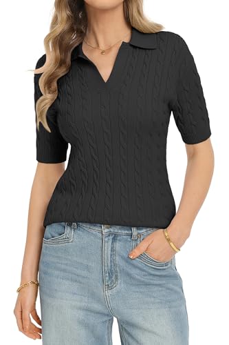 Image of QUALFORT Cable Knit Women's Short Sleeve Sweater Soft V Neck Polo Tops