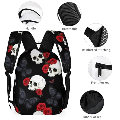 Bookbag Set Daypack with Lunch Box Makeup Bags Shoulder Bags with Lunch Bag Cosmetic Bag Gothic Raven Red Rose Flowers Skull Floral (2) Backpack Set3