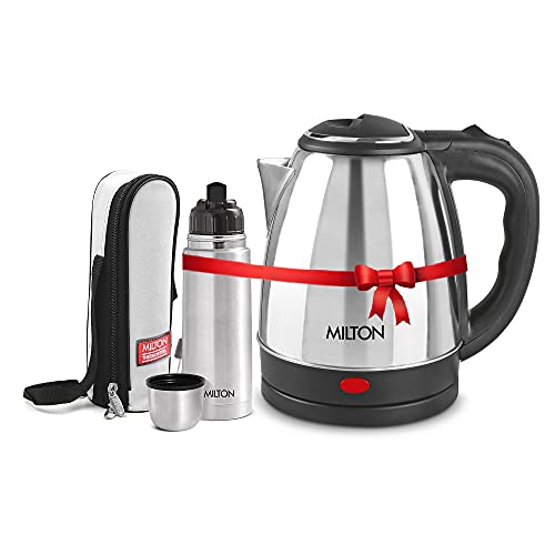 Image of MILTON Euroline Combo Set Go Electro Stainless Steel Electric Kettle, 1.8 Litres, Silver And Flip Lid Thermosteel Hot Or Cold Stainless Steel Water Bottle With Jacket, 350 Ml, Silver,1350 Watts