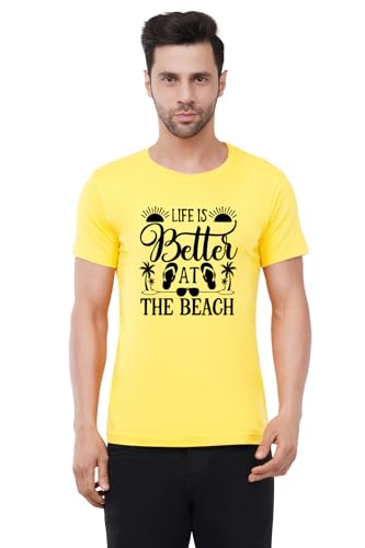 Image of Caseria Men's Cotton Printed T-Shirt -Life is Better Beach | 100% Cotton | Half Sleeves | Regular Fit | Printed | Round Neck | Graphic T Shirt