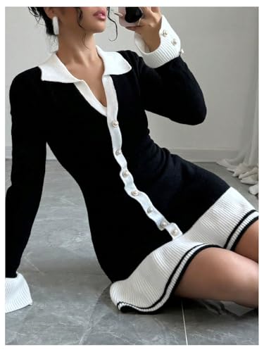 SOLY HUX Women's Sweater Dress Color Block Collar V Neck Long Sleeve Ruffle Hem Bodycon Knit Mini Dresses4
