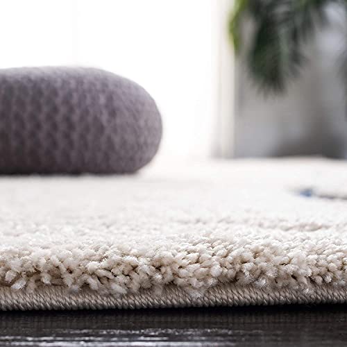 Image of Geometric Wave Shaggy Rectangular Carpet For Living Room,Bedroom,High Low Design Finish Microfiber 1.8 Inch Pile High,5X7 Feet Ivory|Blue Color