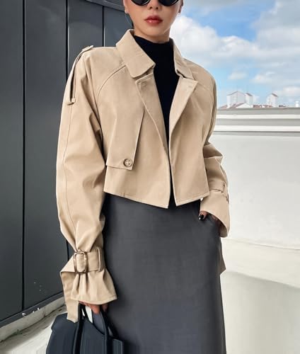 Kedera Women's Cropped Trench Coat Long Sleeve Casual Jacket Classic Double-Breasted Lapel Overcoat Fashion Outerwear3