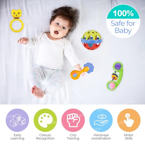 Image of Zest 4 Toyz Baby Rattles Set 6 Pcs 0-6 Months BPA Free Soft Rattling Sound | Fun Colours Non Toxic Toy for Babies | Multi-Colored with Tethers | New Born | Toy Gift Set (Made in India) Pack 4