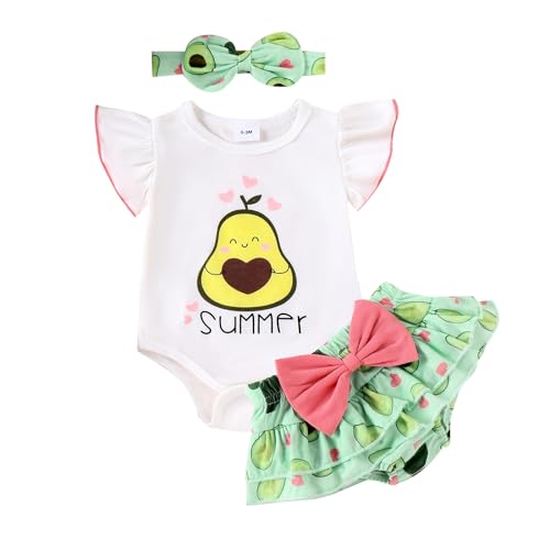 Ynibbim 0-24 Months Infant Baby Girls Summer Clothes Newborn Shorts Set Letters Print Tops & Peach Print Shorts 3Pcs Outfits (I - Avocado Green, 9-12 Months)