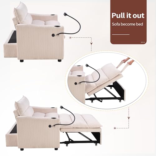 Image of HAOMARKETS 3-in-1 Convertible Loveseat Sleeper Sofa Bed, 2-Seat Pull Out Couch with Cup Holders, Phone Holder and USB Ports, Corduroy 3-Level Adjustable Backrest Couches for Living Room, Beige