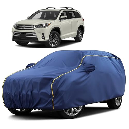 Image of Sulfar 100% Water Resistant Car Body Cover Compatible with Mirror for Toyota Highlander (Triple Stitched, Full Bottom Elastic, Blue Taffeta with Yellow Piping)