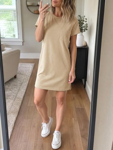 Image of Ladiyo Women T Shirt Dress Summer Fashion Mini Dress Crew Neck Short Sleeve Dress Solid Color Casual Dress with Pocket