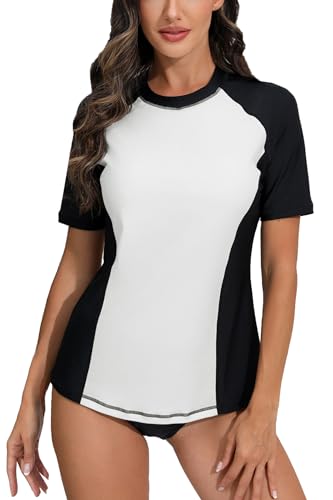 Halcurt Women's Short Sleeve Rash Guard Swimsuit Top with Built