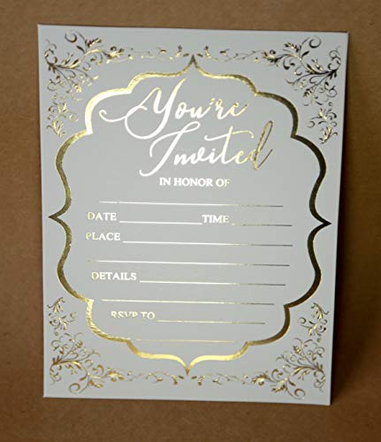 Fill In Invitations Wedding A7, Gold Foil - 25 pack - Wedding Invitation, Hot Stamp Press. Party Invitations Birthday, Anniversary Celebration, Bridal or Baby Shower (Invitation Gold 1)
