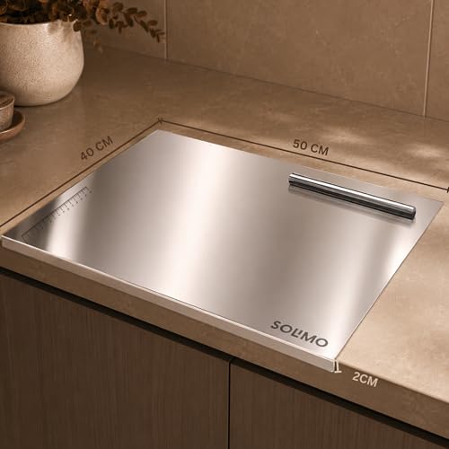 Image of Amazon Brand - Solimo Countertop Chopping, Slicing, Kneading Board | Stainless Steel | Round Edge | for Vegetables, Fruits (L)