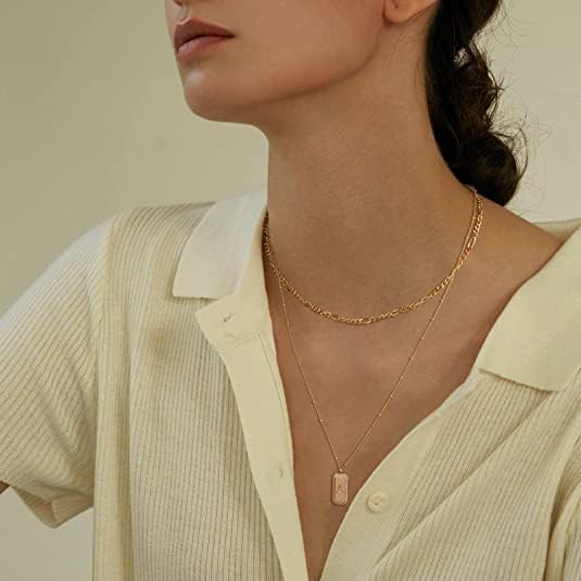 Gold Initial Necklace for Women 14K Gold Plated Figaro Chain Choker Layered Necklaces Set Bar Rectangle Pendant Necklaces Simple Dainty Letter Necklace Everyday Gold Jewelry - Image 4
