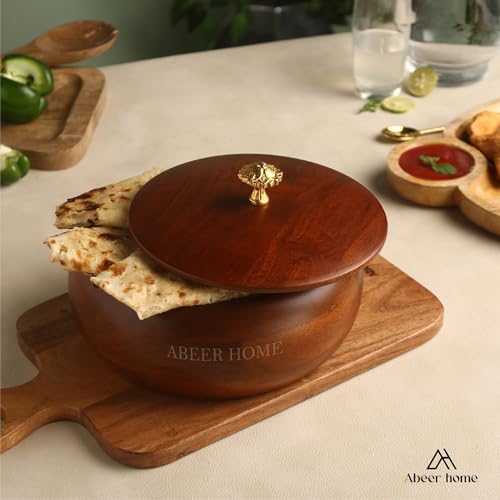 Image of Handcrafted Premium Wooden Roti Casserole - 9 x 9 x 4 Inches | Hot Roti Case & Chapati Box For Kitchen & Dining | Chapati Serving Hotbox Serveware With Gold Embossed Knob