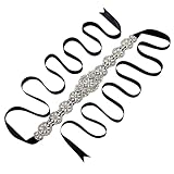 SWEETV Pearl Beaded Wedding Dress Belt Rhinestone Bridal Belt Sash for Evening Gown with Ribbon, Black