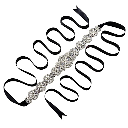 SWEETV Pearl Beaded Wedding Dress Belt Rhinestone Bridal Belt Sash for Evening Gown with Ribbon, Black
