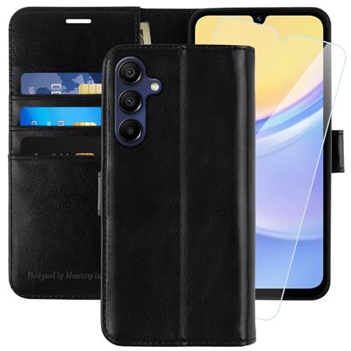 MONASAY Wallet Case Compatible for Samsung Galaxy A15 5G, [Included Glass Screen Protector][RFID Blocking] Flip Folio Leather Cell Phone Cover with Credit Card Holder, Black