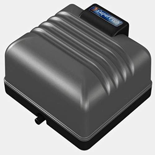 Primer pla view of the grey Superfish air pump unit with its black base and blue Superfish logo.