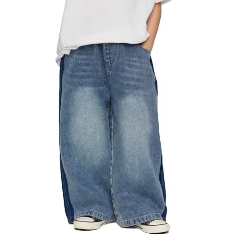 Baggy Jeans Kids Loose Fit Wide Leg Jeans Preppy Streetwear Side Striped Baggy Pants Boys High Elastic Waist Denim Pants